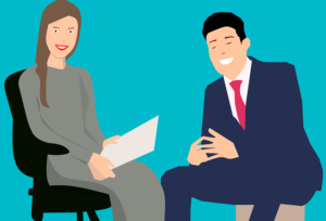 Illustration of a man and a woman conducting an interview