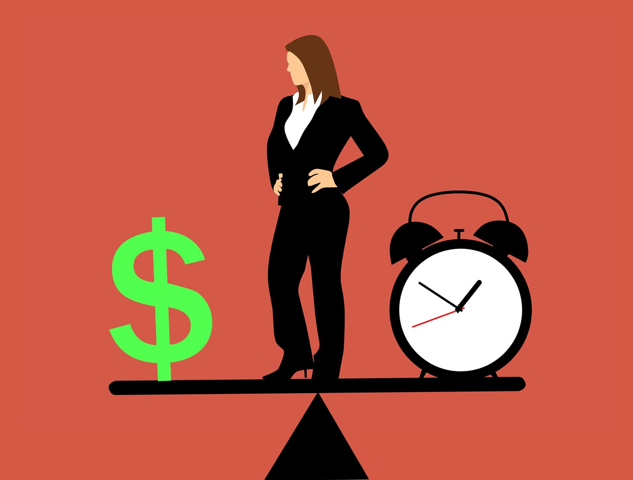 Illustration of Business woman looking at time and money