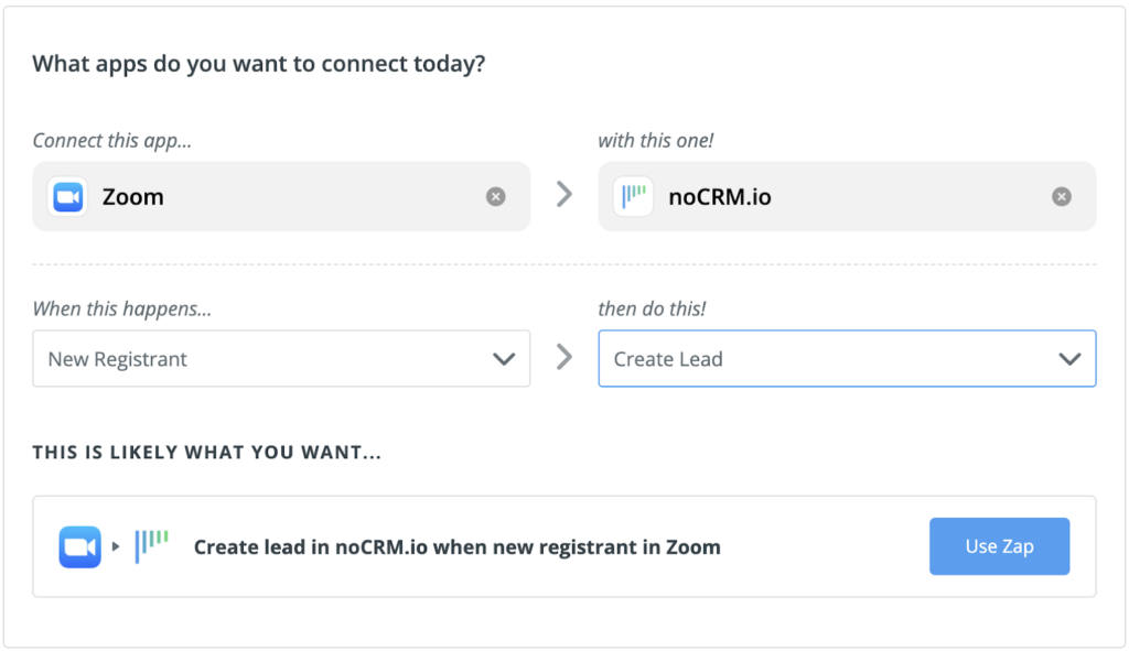 Zapier connection between noCRM and Zoom