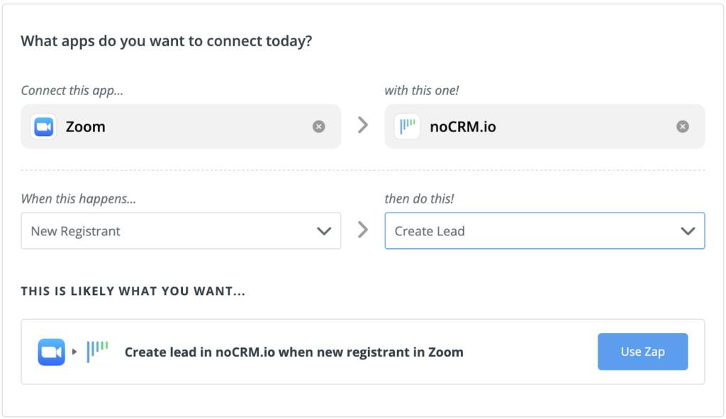 Connexion Zoom et noCRM via Zapier