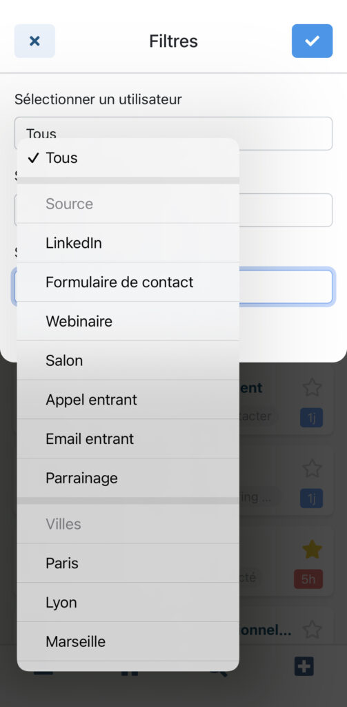 Filtres de l'application mobile de prospection commerciale noCRM