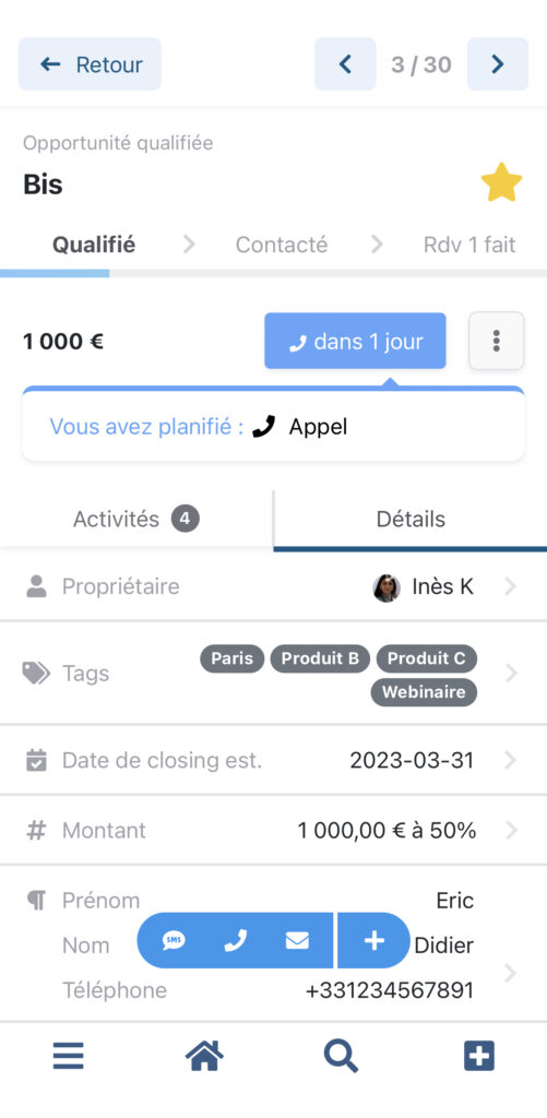 Opportunité commerciale en attente dans application de prospection commerciale noCRM.io