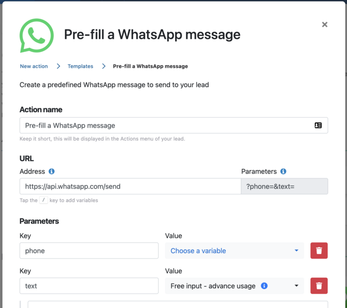 Template to pre-fill a whatsapp message
