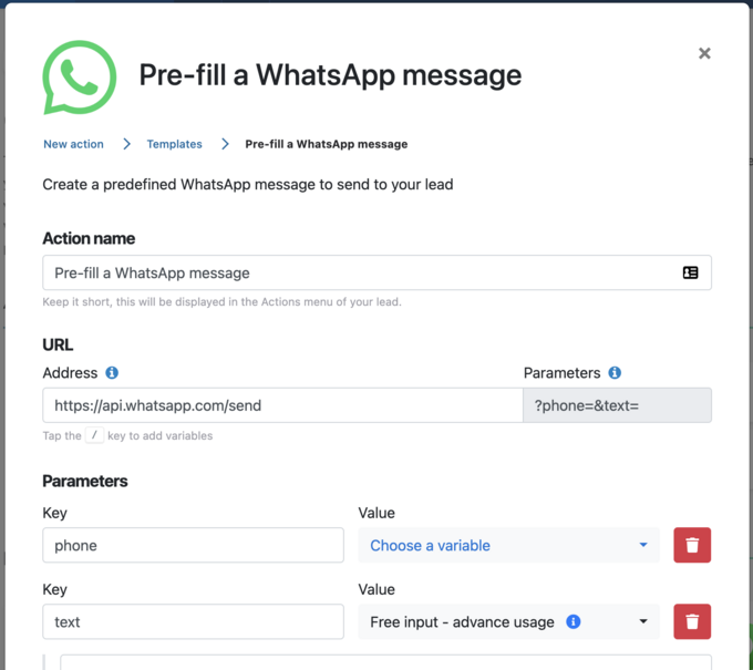 Template pour pré-remplir un message WhatsApp