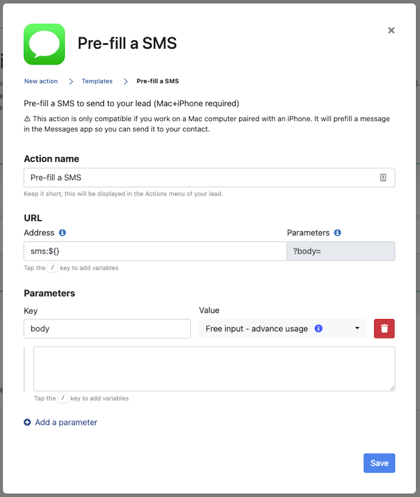 Pre-filled SMS on noCRM