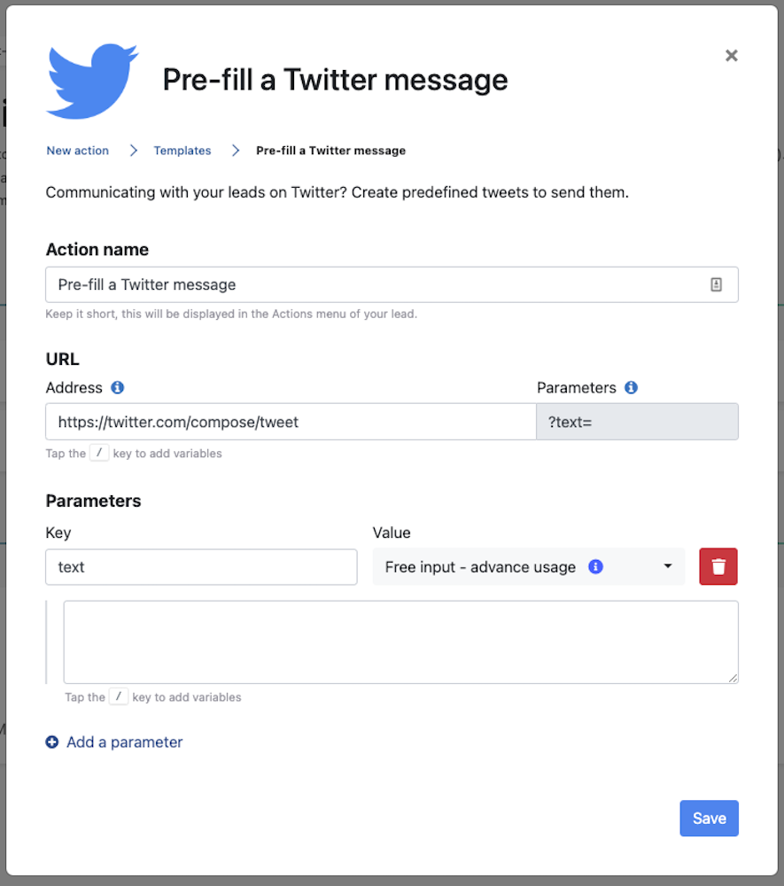 Creating twitter messages pre-filled templated